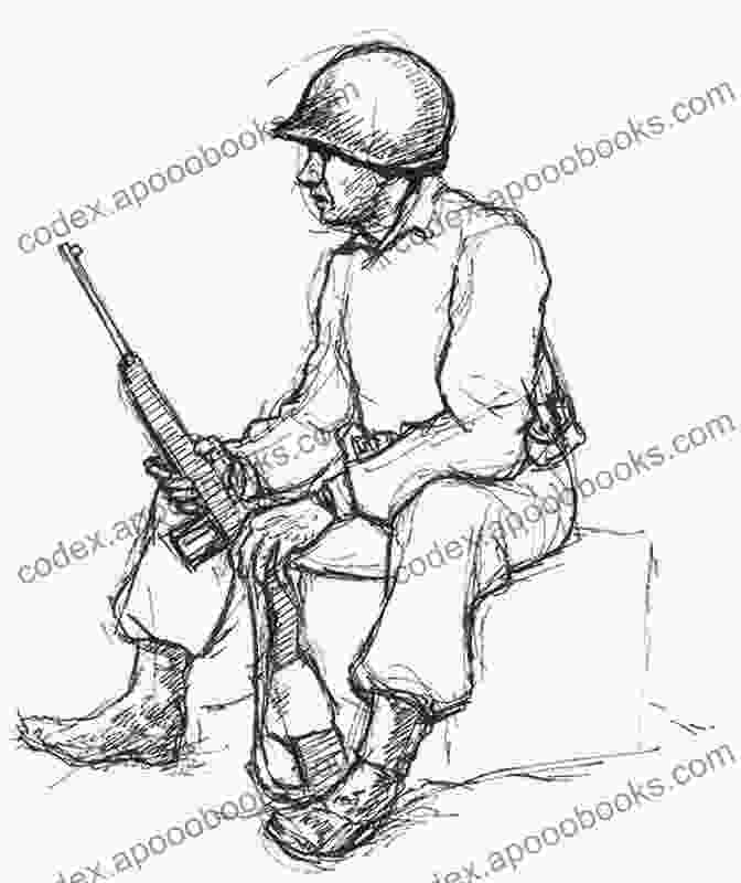 A Black And White Comic Drawing Of A Soldier Sitting On The Ground, Looking Exhausted. Korean War Comic Morris Harmor